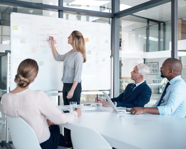 Professional team participating in a project planning presentation